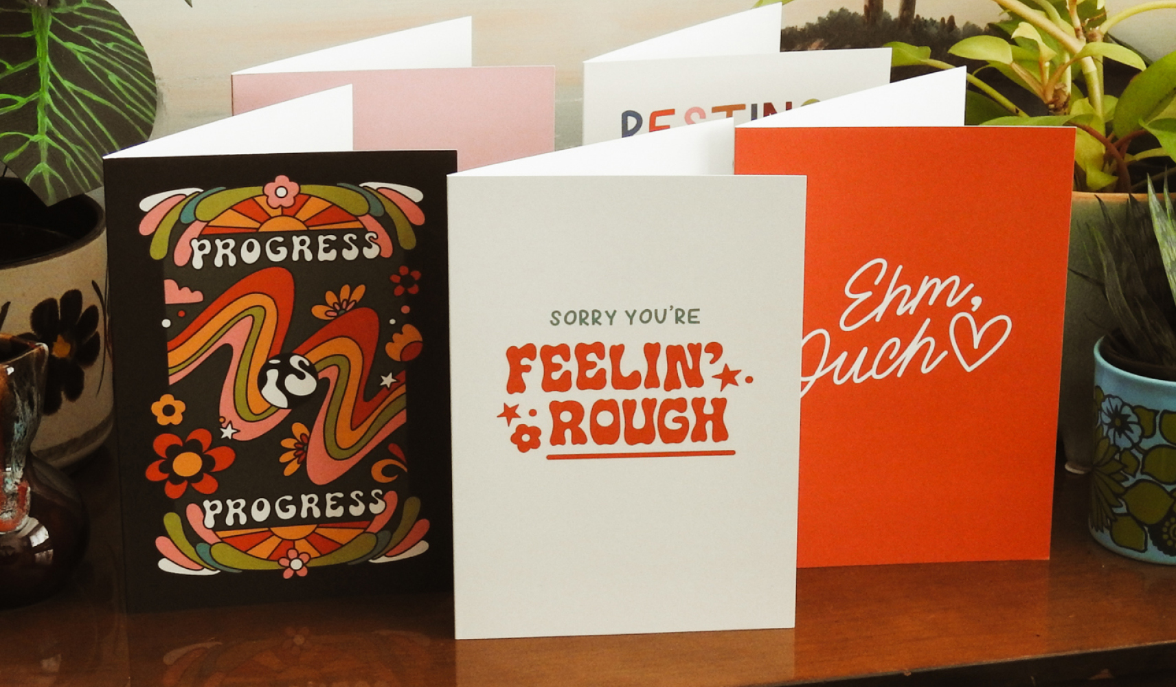 A collection of Jenny McGibbons alternative greeting cards.