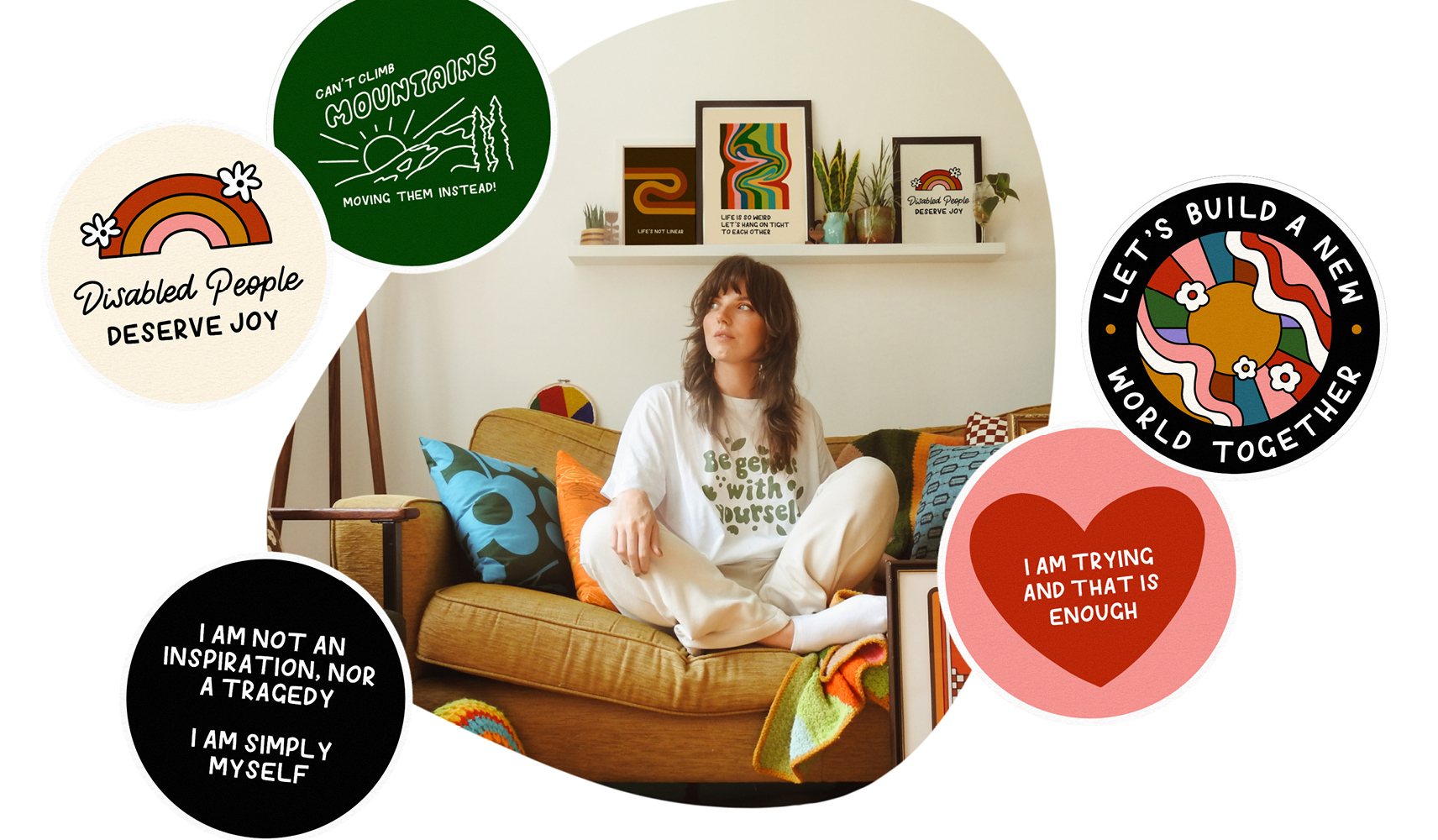 A selection of Jenny McGibbons graphic slogans and a photograph of her at home surrounded by her prints.