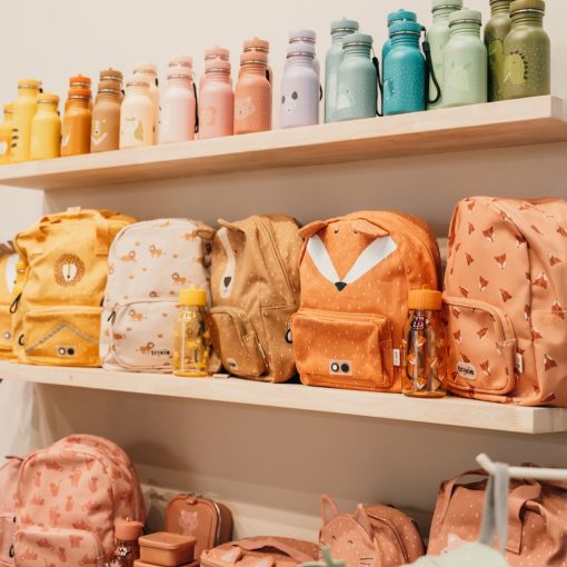 Pastel coloured water bottles and back packs for children