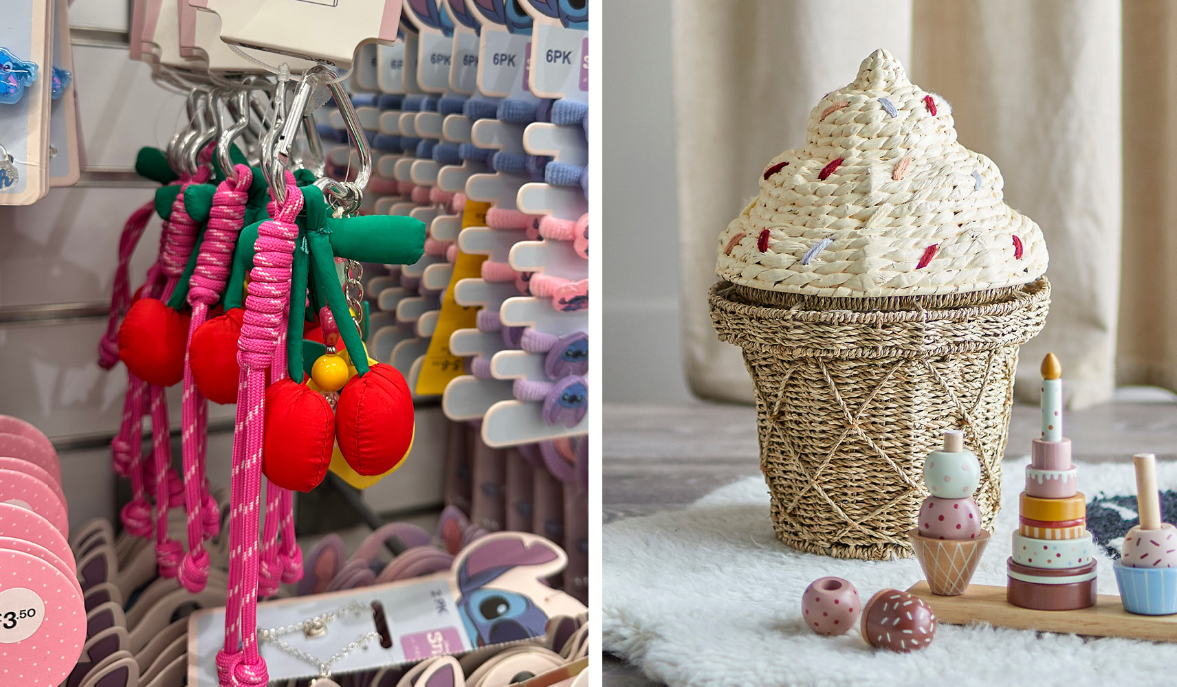 A keyring with cherries and a bag in the shape of an ice cream in UK retailers.