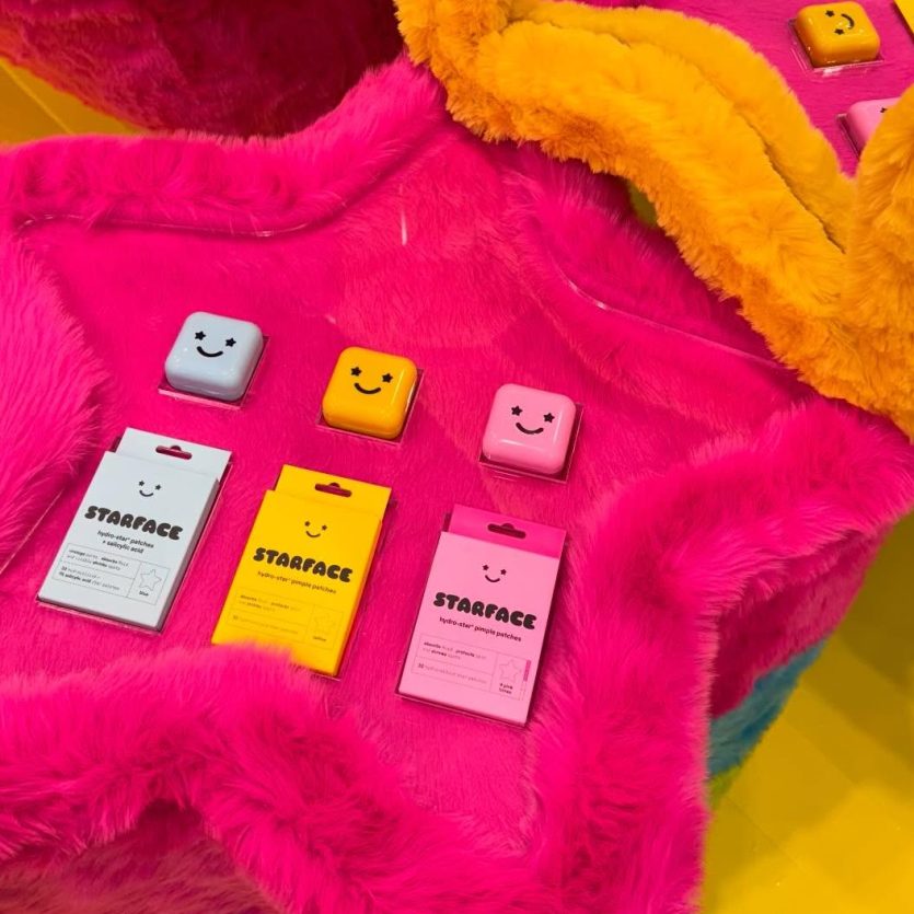 Teenage skincare products in bright, furry star