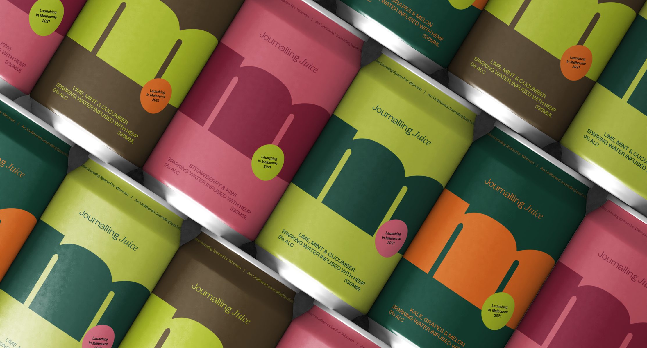 Multiple drinks cans with matte labels of different colours