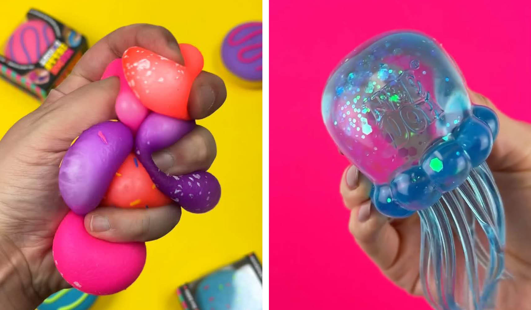 Two Needoh toys side by side on brightly coloured backgrounds